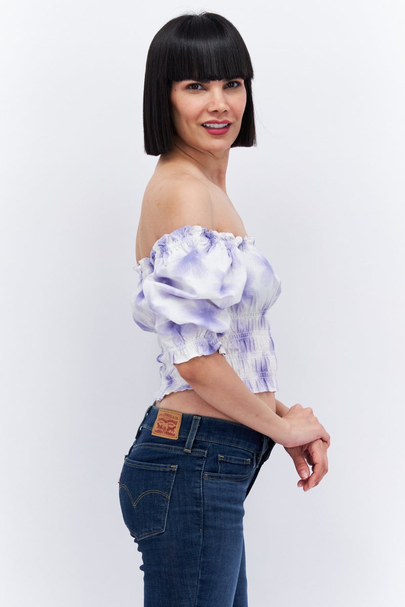 Levi's Women Off Shoulder Short Sleeve Allover Print Top, White - Image 3