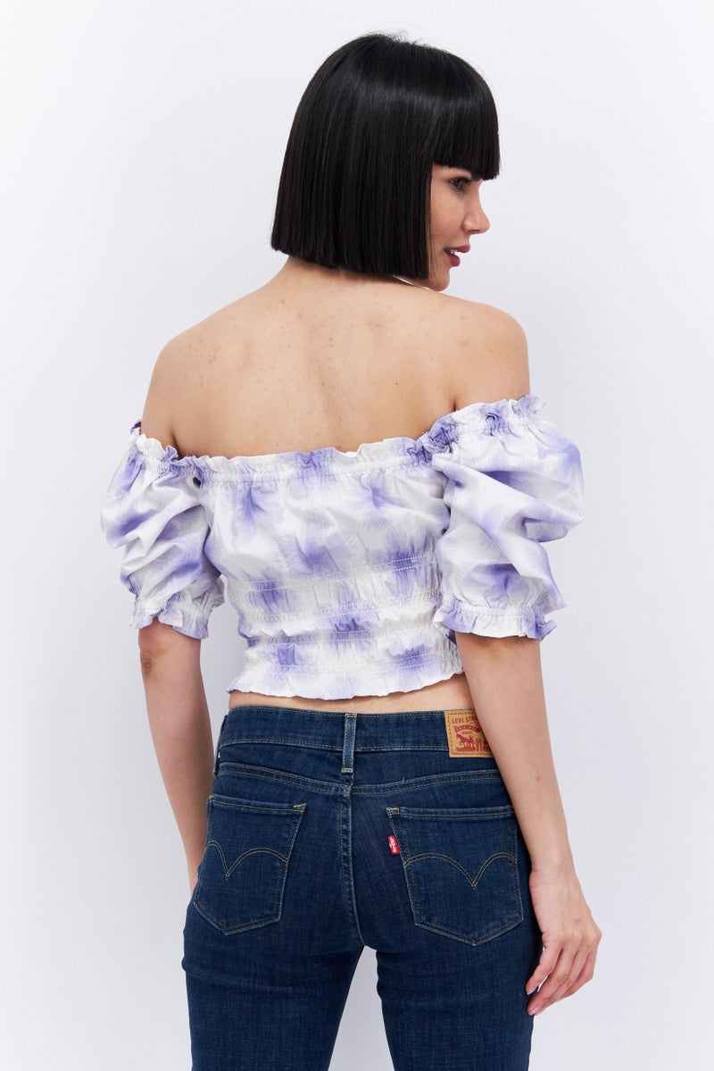 Levi's Women Off Shoulder Short Sleeve Allover Print Top, White - Image 4