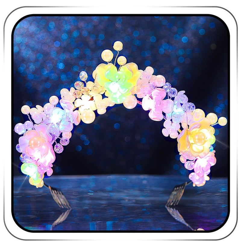 EARENT Light Up Flower Crown with Comb Multi LED Bride Pearl Headbands Glow Floral Rave Costume Hair Accessories for Women