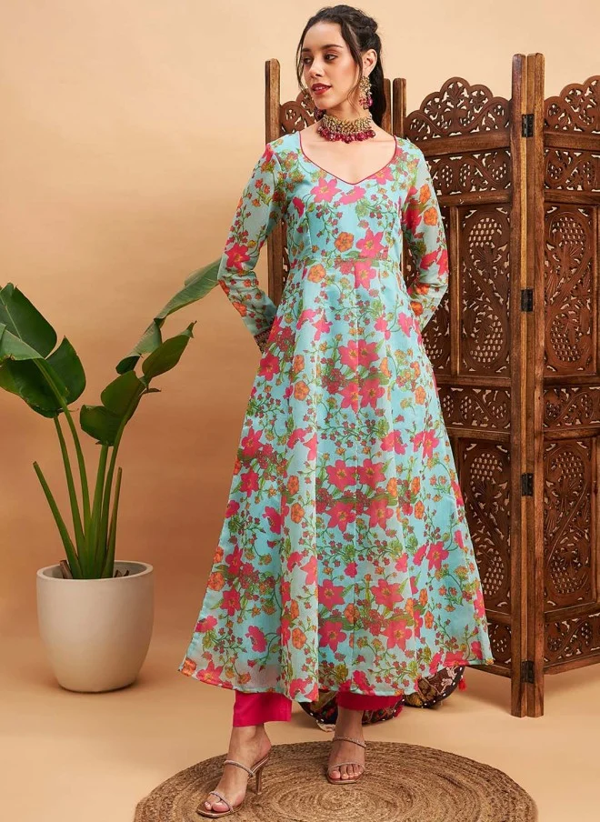 Floral Printed V-Neck Anarkali Kurta for Women