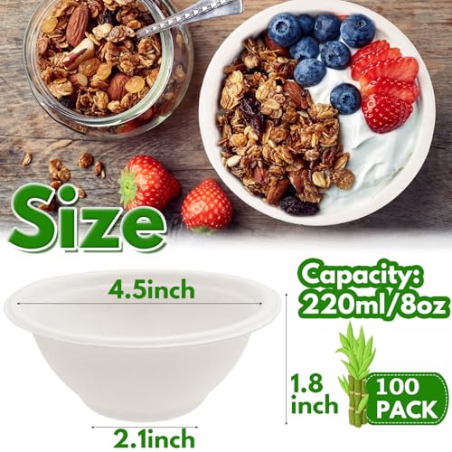 Tiaiidi 100 Pack 8oz Disposable Paper Bowls,Compostable Bagasse Bowls,Small Biodegradable Heavy-Duty Bowls for Hot and Cold Food - Image 2