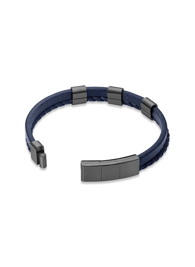 POLICE Unity BraceletDual-Textured Black Leather with Grey-Metal Square Motifs and P SymbolBold Men's Style  - Image 3