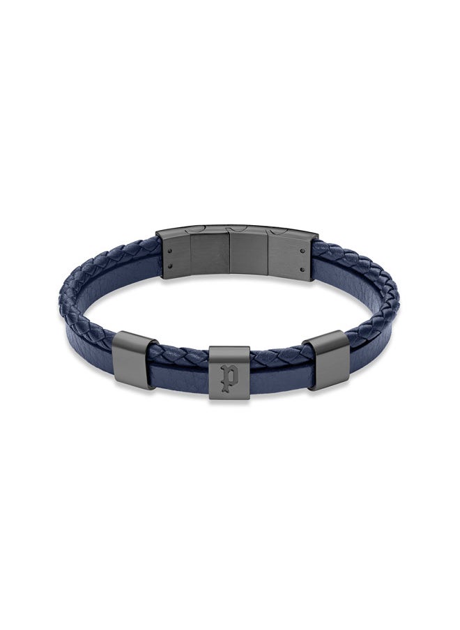 POLICE Unity BraceletDual-Textured Black Leather with Grey-Metal Square Motifs and P SymbolBold Men's Style  - Image 2