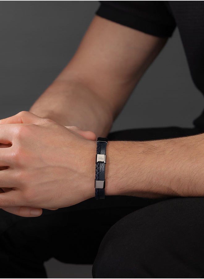 POLICE Unity BraceletDual-Textured Black Leather with Grey-Metal Square Motifs and P SymbolBold Men's Style  - Image 4