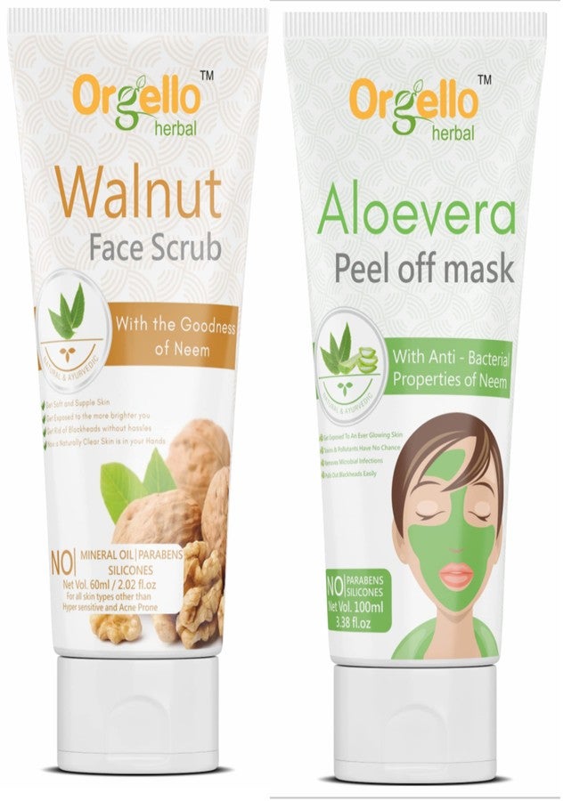 Orgello Aloe Vera Peel Off Mask 1 x 100 ml | Walnut Scrub For Face And Body 1 X 60 ml | Men Women Girls Boys Normal Oily Dry Skin | Body Scrub | De Tan Scrub | Paraben Sulphate Free | Pack of 2 - Image 1