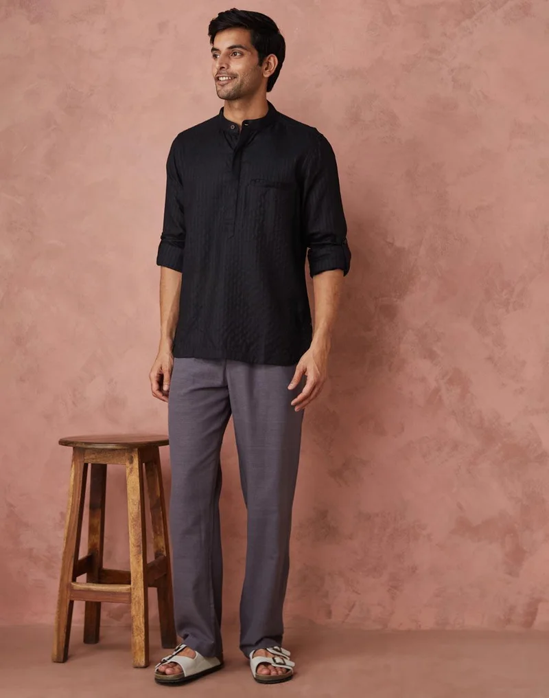 Fabindia Black Viscose Blend Woven Mid Placket Shirt