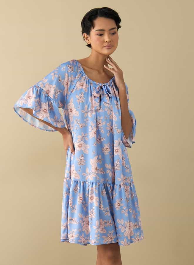 Splash FAV All-Over Floral Print Satin Night Dress with Extended Sleeves  - Image 1
