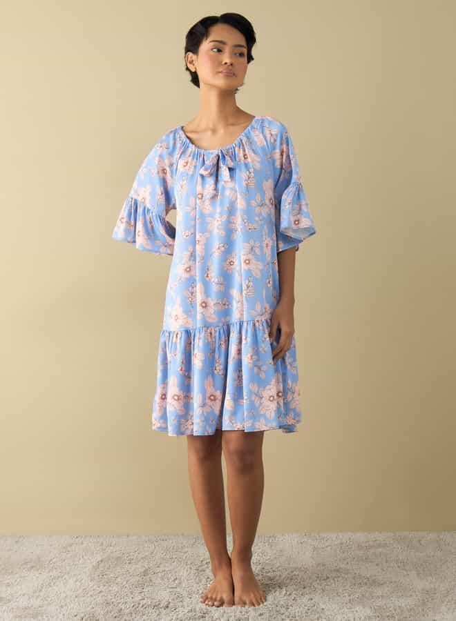 Splash FAV All-Over Floral Print Satin Night Dress with Extended Sleeves  - Image 2
