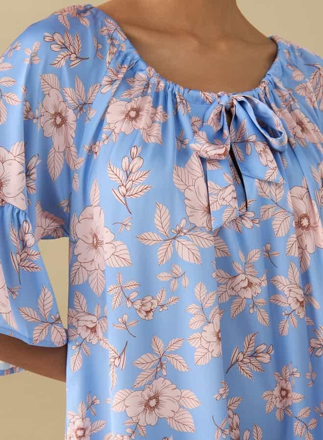Splash FAV All-Over Floral Print Satin Night Dress with Extended Sleeves  - Image 4