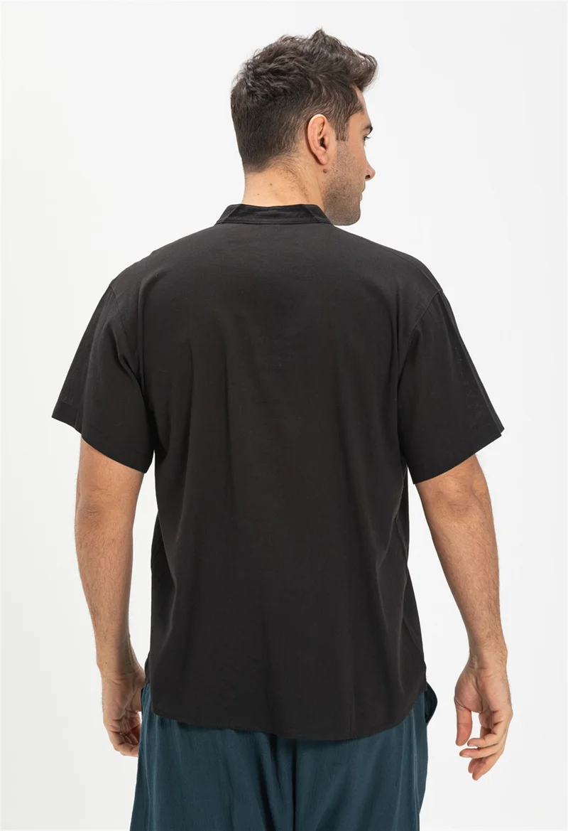 Eliş Şile Bezi Kısa Kol Şile Bezi Tek Cepli Hakim Yaka Erkek Tshirt Siyah 3003