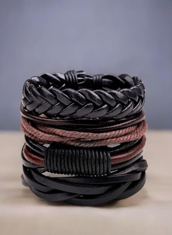 Vientiq Black-Brown Braided Multi-Layer Genuine Leather Bracelet For Men/Boy's - Image 3