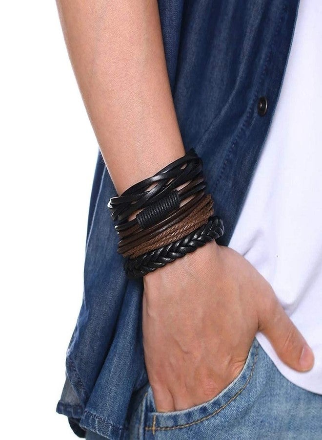 Vientiq Black-Brown Braided Multi-Layer Genuine Leather Bracelet For Men/Boy's - Image 5