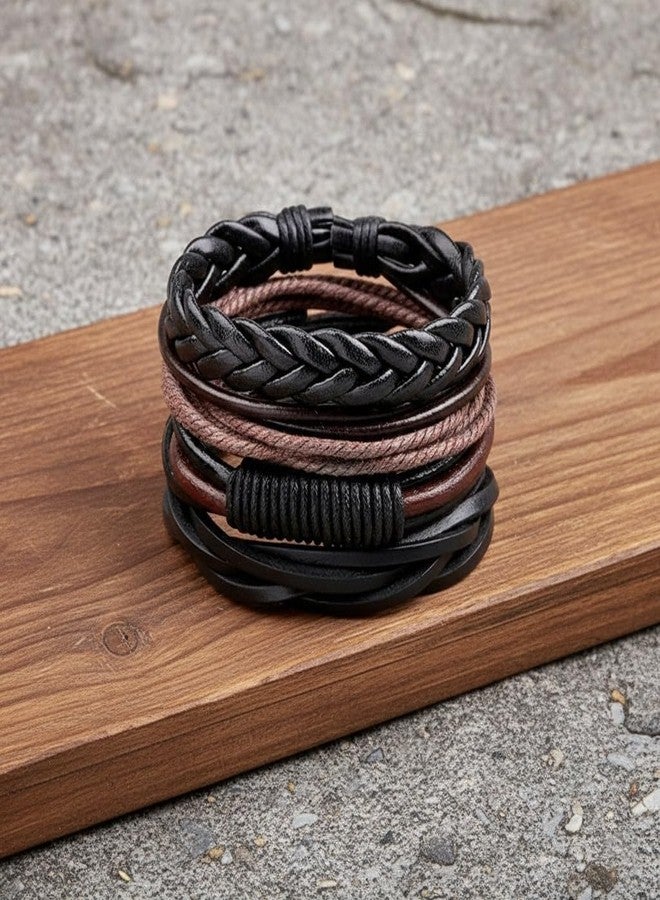 Vientiq Black-Brown Braided Multi-Layer Genuine Leather Bracelet For Men/Boy's - Image 2