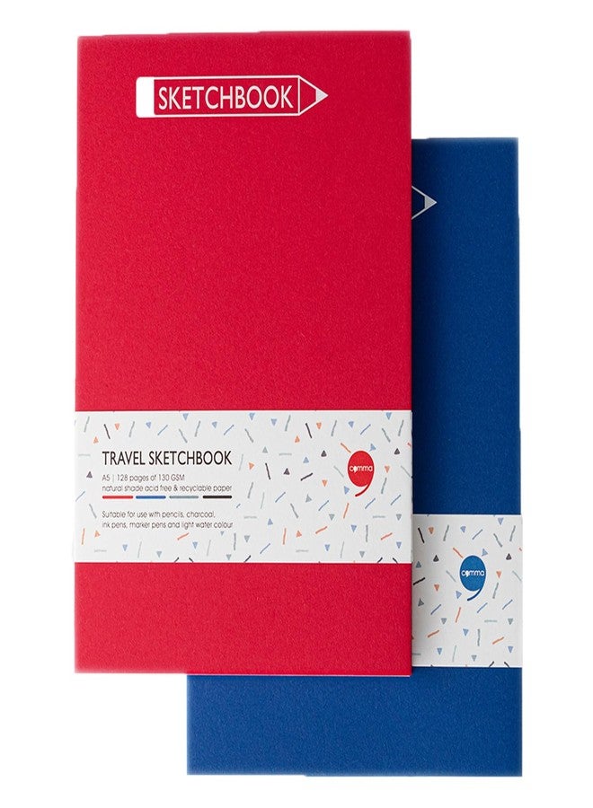 كوما دفتر رسم كوما للسفر | مقاس A5 | 128 صفحة | 130 غرام/م²، لون طبيعي، ورق خالٍ من الأحماض وقابل لإعادة التدوير | عبوة من قطعتين | أزرق + أحمر - Image 1