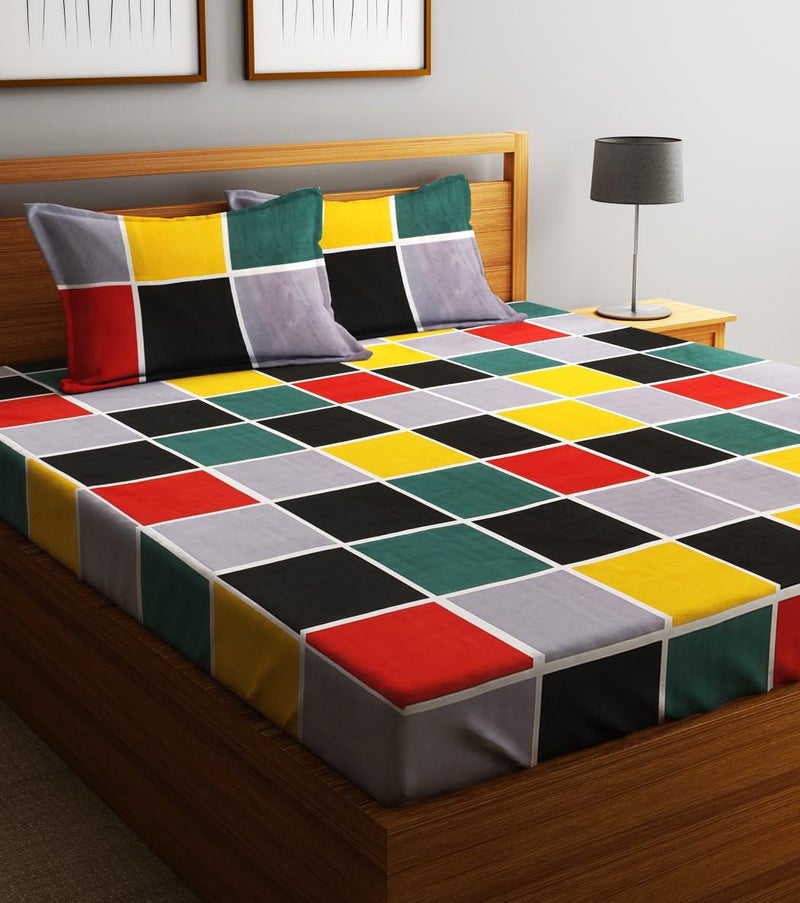 Fashion String 144TC Microfibre Geometric Block Pattern Multicolor Double Bedsheet with 2 Pillow Covers - Image 1
