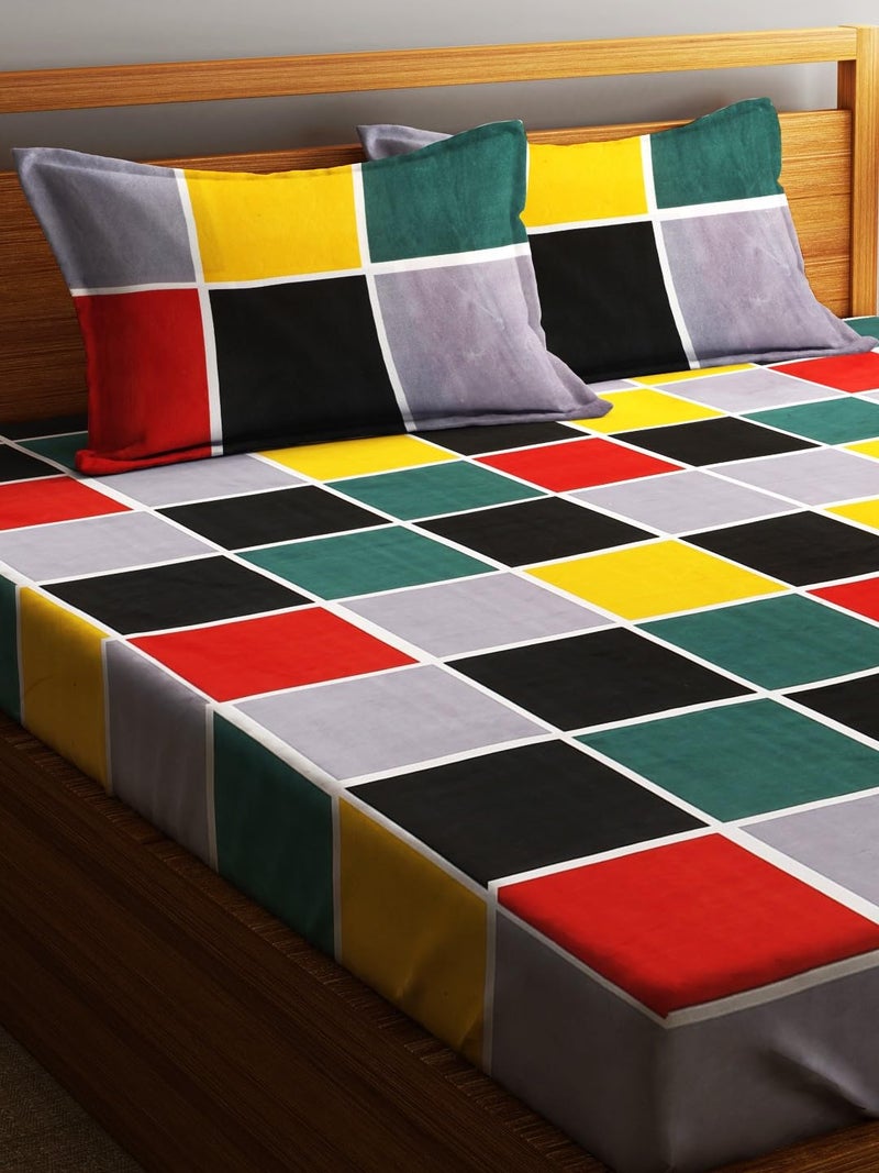 Fashion String 144TC Microfibre Geometric Block Pattern Multicolor Double Bedsheet with 2 Pillow Covers - Image 3