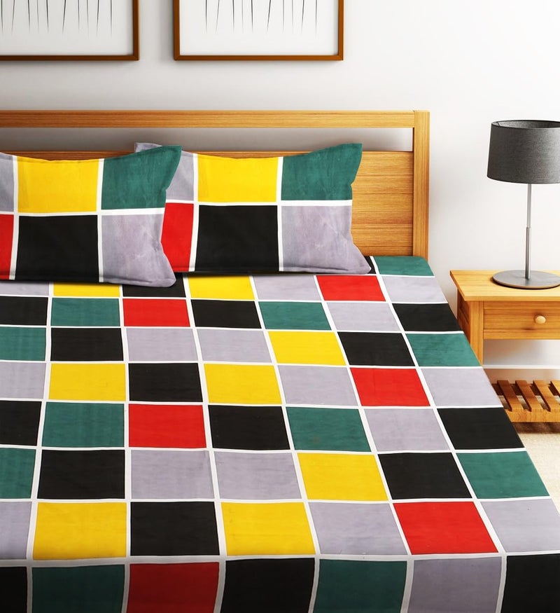 Fashion String 144TC Microfibre Geometric Block Pattern Multicolor Double Bedsheet with 2 Pillow Covers - Image 2