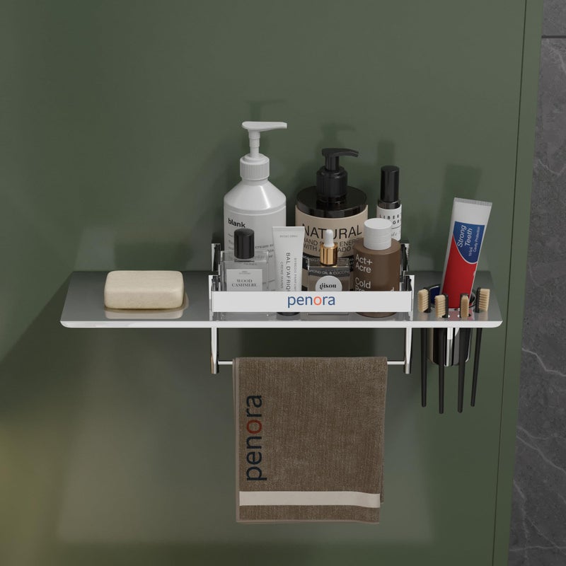 PENORA 4 in 1 Stainless Steel Bathroom Shelf with Tooth Brush Holder, Soap Dish & Napkin Holder Steel Tumbler Included (Chrome Finish) - Image 2