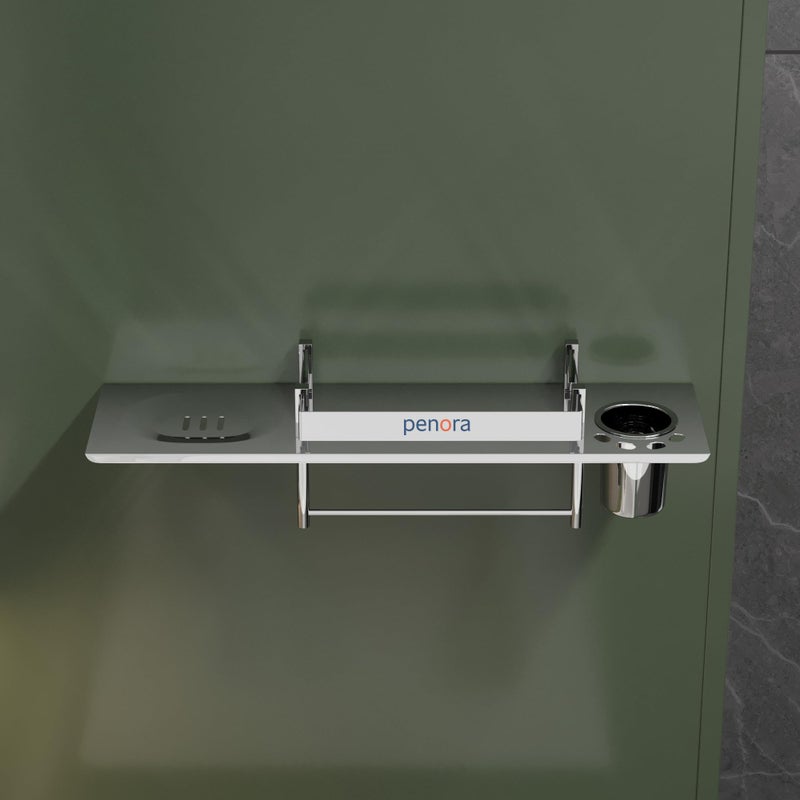 PENORA 4 in 1 Stainless Steel Bathroom Shelf with Tooth Brush Holder, Soap Dish & Napkin Holder Steel Tumbler Included (Chrome Finish) - Image 5