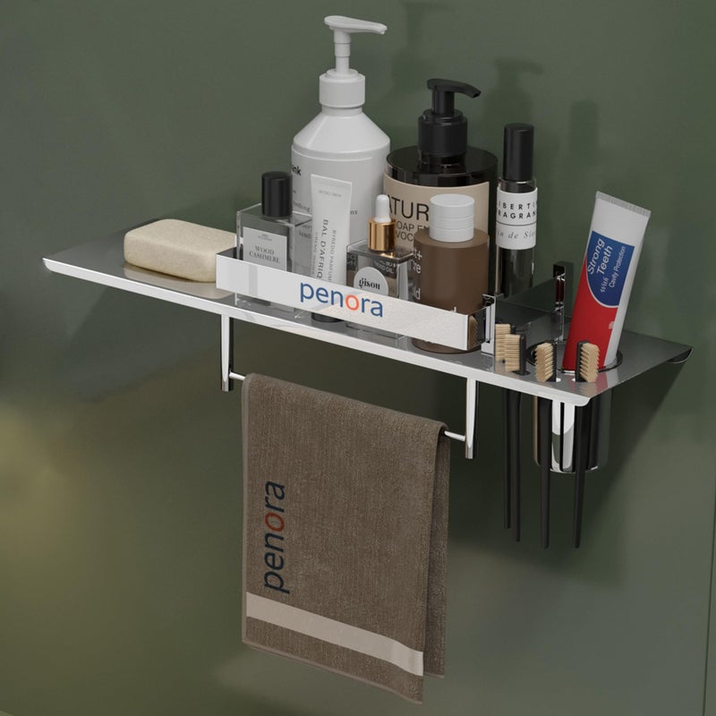 PENORA 4 in 1 Stainless Steel Bathroom Shelf with Tooth Brush Holder, Soap Dish & Napkin Holder Steel Tumbler Included (Chrome Finish) - Image 1