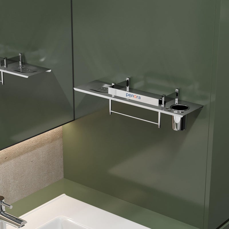 PENORA 4 in 1 Stainless Steel Bathroom Shelf with Tooth Brush Holder, Soap Dish & Napkin Holder Steel Tumbler Included (Chrome Finish) - Image 4