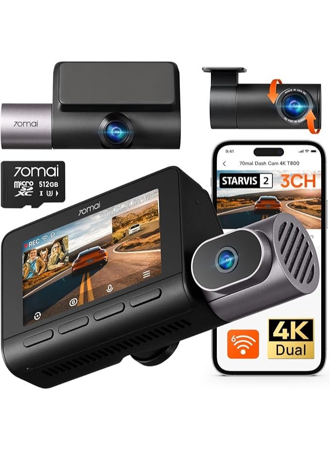 70mai 4K T800 3 Channel Dash Cam, Dash Cam Front and Rear Inside(2160P+2160P+1080P), STARVIS 2 IMX678, HDR Night Vision, Dash Camera for Cars with 512GB Card, WiFi 6, 4G LTE, ADAS, 24H Parking Mode - Image 1