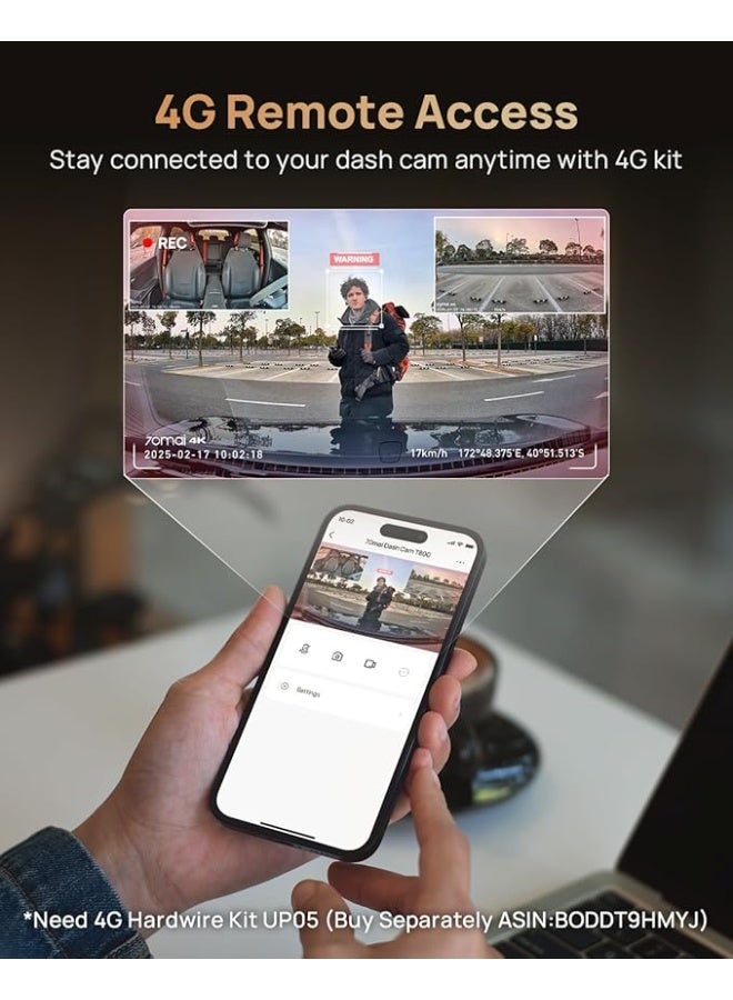 70mai 4K T800 3 Channel Dash Cam, Dash Cam Front and Rear Inside(2160P+2160P+1080P), STARVIS 2 IMX678, HDR Night Vision, Dash Camera for Cars with 512GB Card, WiFi 6, 4G LTE, ADAS, 24H Parking Mode - Image 4
