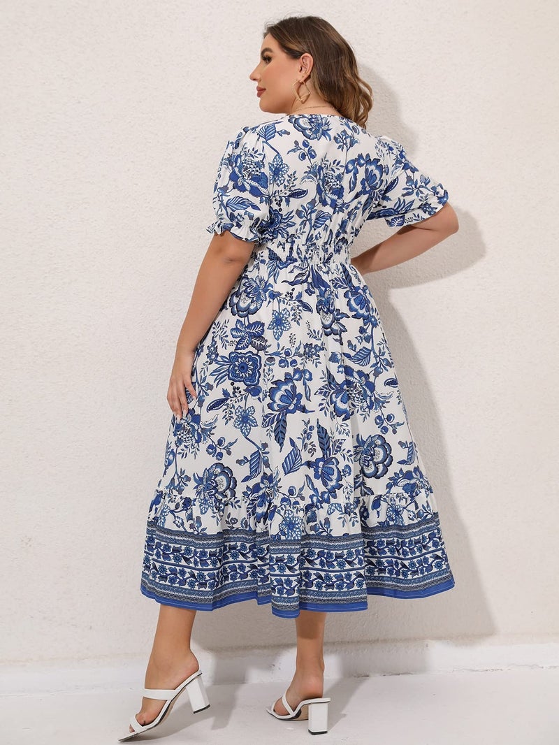 MakeMeChic Women's Plus Size Summer Floral Maxi Dresses Curvy Short Sleeve Shirred Boho Beach Wedding Long Dress Blue and White 3X-Large - Image 2