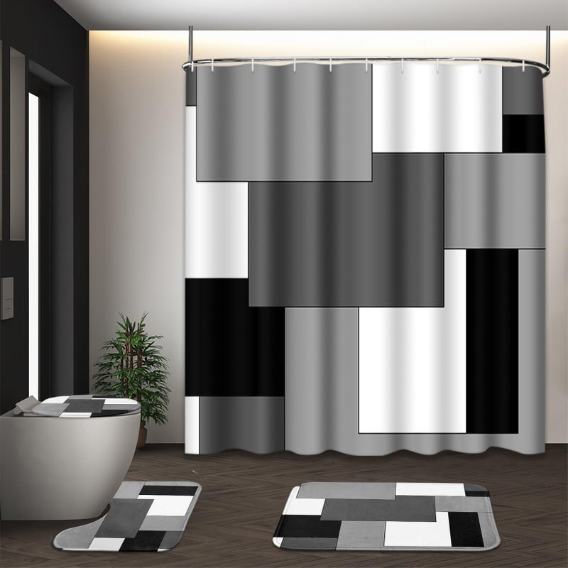 Tayney Grey Geometric Shower Curtain Set with Toilet Lid Cover and Non-Slip Rugs for Bathroom, Black White Checkered 4 Pcs Shower Curtain, Modern Abstract Bathroom Set with 12 Hooks - Image 1
