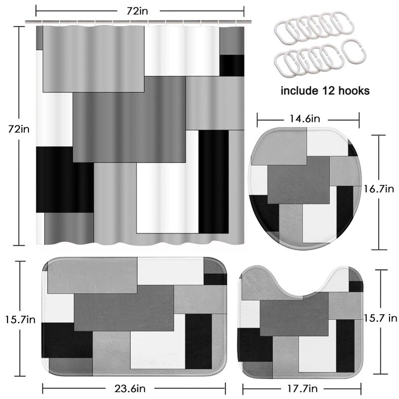 Tayney Grey Geometric Shower Curtain Set with Toilet Lid Cover and Non-Slip Rugs for Bathroom, Black White Checkered 4 Pcs Shower Curtain, Modern Abstract Bathroom Set with 12 Hooks - Image 2