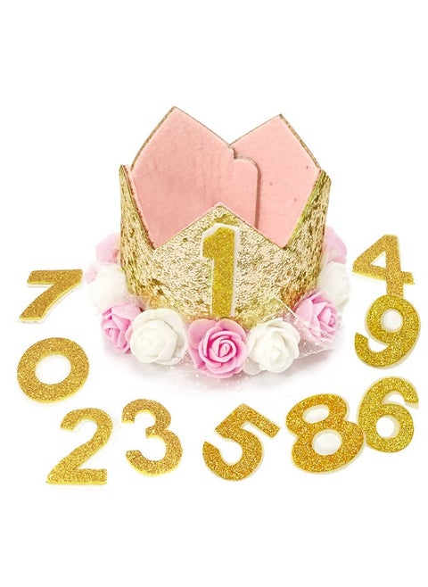 Rimobul Pet Crown Hat Dog Birthday Hat Reusable Birthday Party Crown for Pet Girl Cat Doggie Headband Hats with 0-9 Figures Charms Pet Gift Grooming Accessories with Glue Dots Pack of 1(Gold)