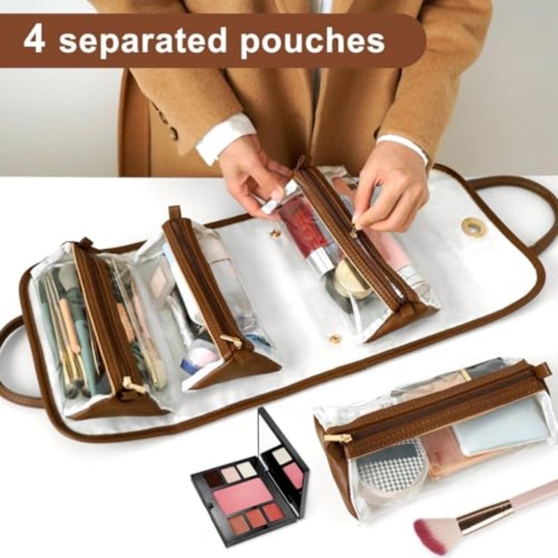 4-in-1 Leather Waterproof Makeup Bag, Portable Travel Toiletry Organizer, Roll-Up Hanging Storage with 4 Detachable Transparent Pouches, Large Capacity for Cosmetics, Hair Tools - Image 2
