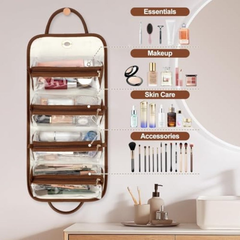 4-in-1 Leather Waterproof Makeup Bag, Portable Travel Toiletry Organizer, Roll-Up Hanging Storage with 4 Detachable Transparent Pouches, Large Capacity for Cosmetics, Hair Tools - Image 4