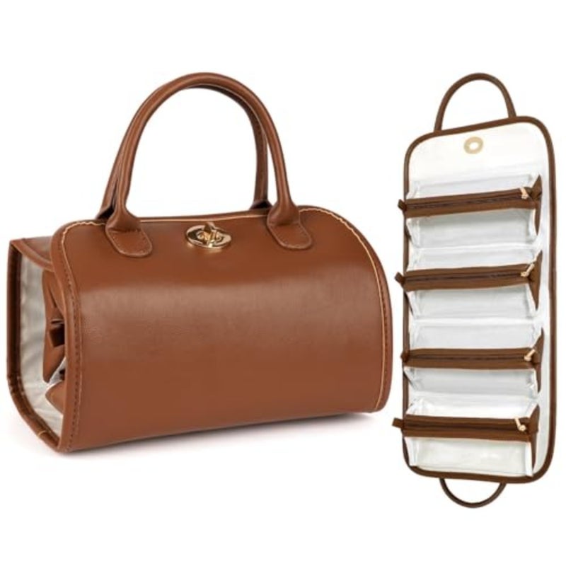4-in-1 Leather Waterproof Makeup Bag, Portable Travel Toiletry Organizer, Roll-Up Hanging Storage with 4 Detachable Transparent Pouches, Large Capacity for Cosmetics, Hair Tools - Image 1