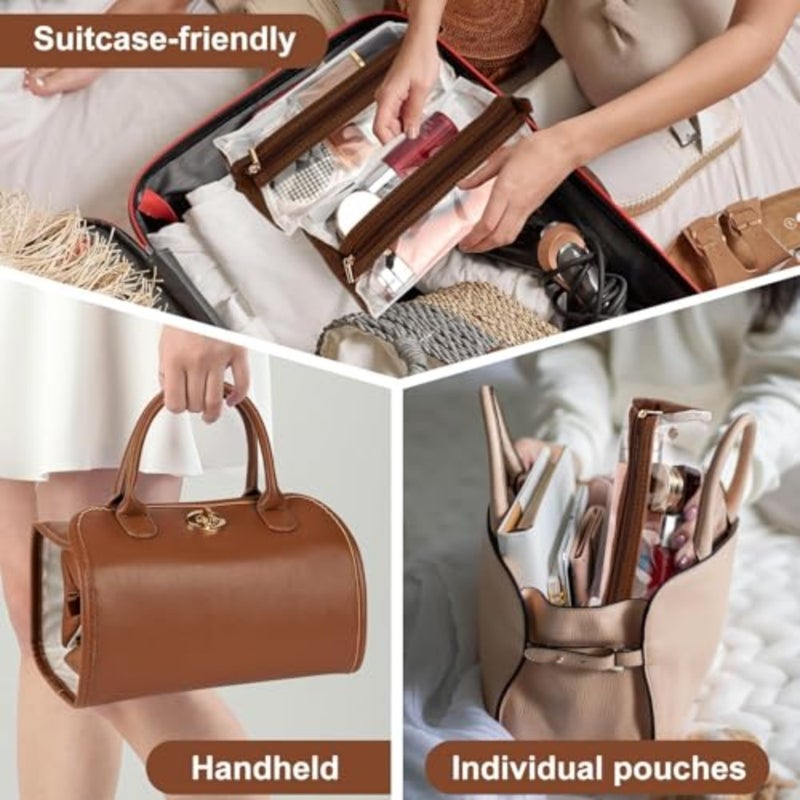 4-in-1 Leather Waterproof Makeup Bag, Portable Travel Toiletry Organizer, Roll-Up Hanging Storage with 4 Detachable Transparent Pouches, Large Capacity for Cosmetics, Hair Tools - Image 3