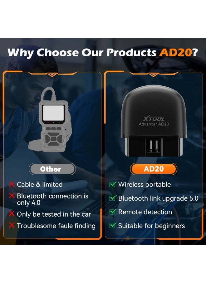 XTOOL XTOOL Advancer AD20 Mini Bluetooth 5.0 OBD2 Scanner Full obd2 Functions Car Diagnostic Scan Tool Read/Clear fault code Universal  - Image 3