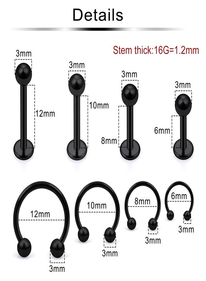 Ftovosyo Lip Rings 32PCS Labret Jewelry Monroe Lip Barbell Ring Snake Bite Piercing Jewelry 16G Helix Earring Daith Tragus Cartilage Studs Surgical Steel Piercing Jewelry for Women Men Black - Image 2