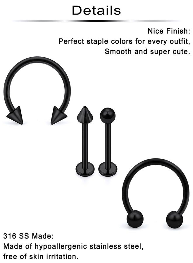 Ftovosyo Lip Rings 32PCS Labret Jewelry Monroe Lip Barbell Ring Snake Bite Piercing Jewelry 16G Helix Earring Daith Tragus Cartilage Studs Surgical Steel Piercing Jewelry for Women Men Black - Image 3