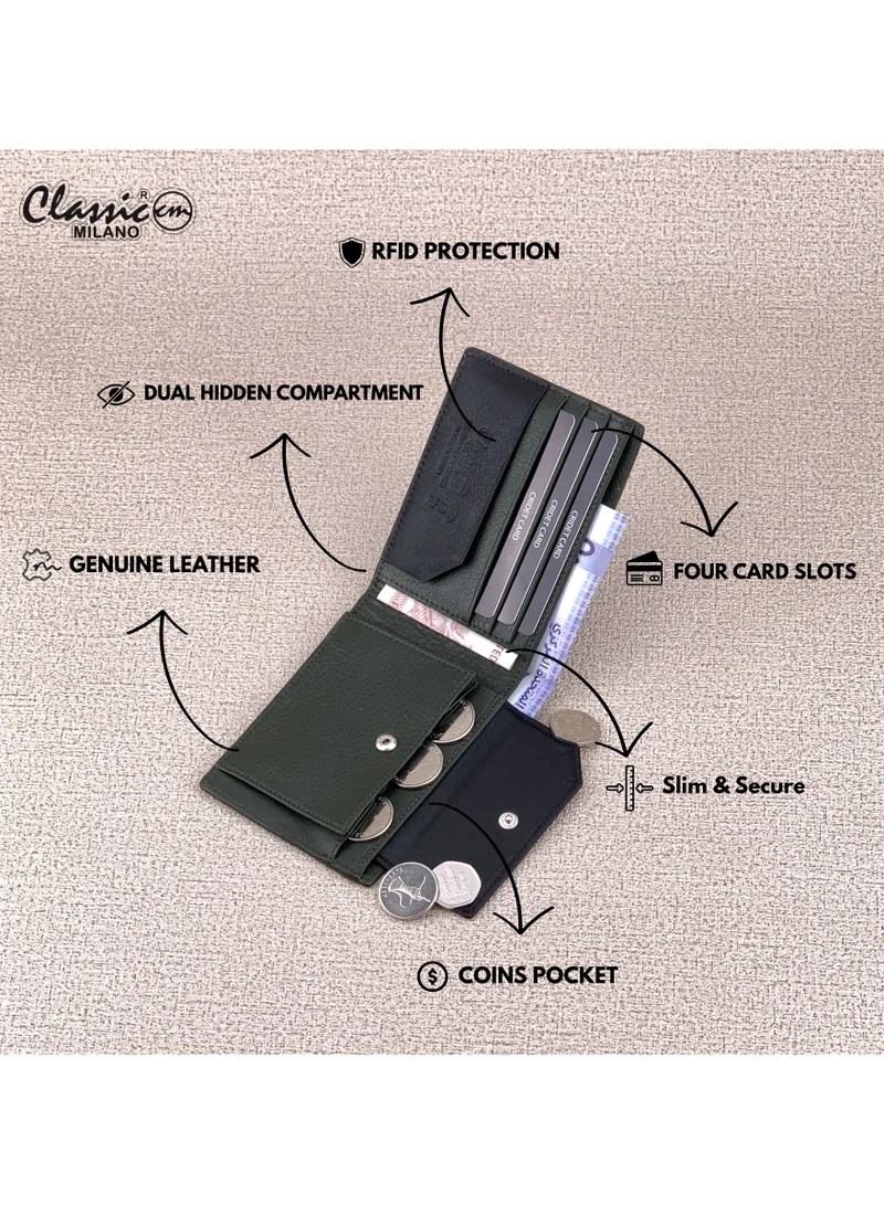 Classic Milano Green (CNH-6) Classic Milano Genuine Leather Wallet for Men – Slim Bifold Men’s Wallet with RFID Blocking, Multiple Card Slots – Stylish Mens Purse Wallets Gift for Husband, Father for Men | Best Price UAE