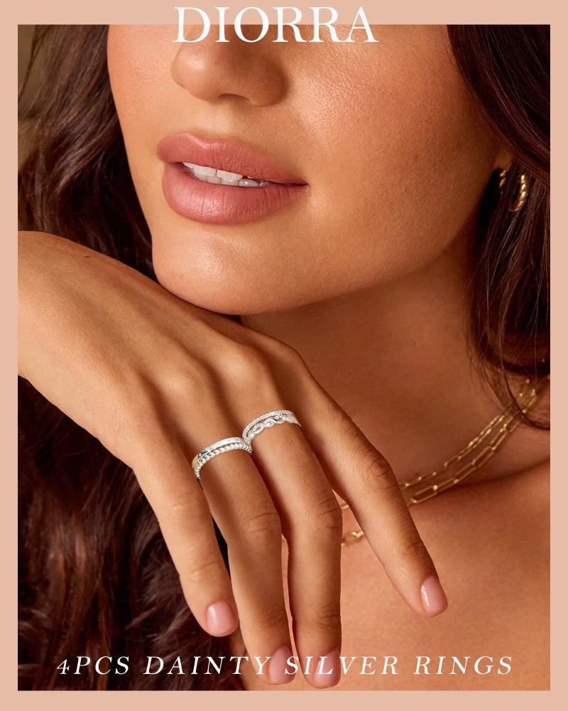 Diorra Silver Ring for Women, 4PCS Thin Sterling Silver Stackable Rings Set Cubic Zirconia Engagement Statement Wedding Bands for Women Size 5-10 - Image 5