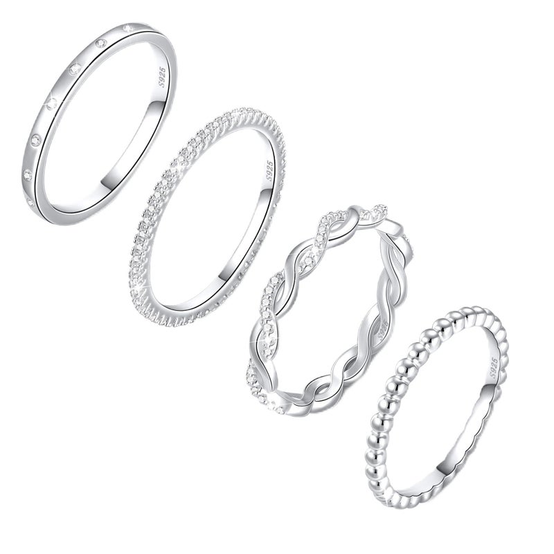 Diorra Silver Ring for Women, 4PCS Thin Sterling Silver Stackable Rings Set Cubic Zirconia Engagement Statement Wedding Bands for Women Size 5-10 - Image 1
