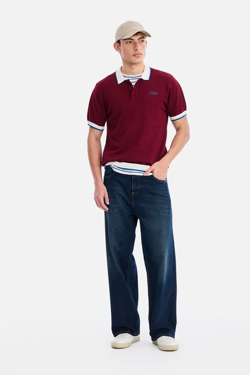 سنيتش Burgundy Solid Half Sleeve Regular Fit Casual T-Shirt