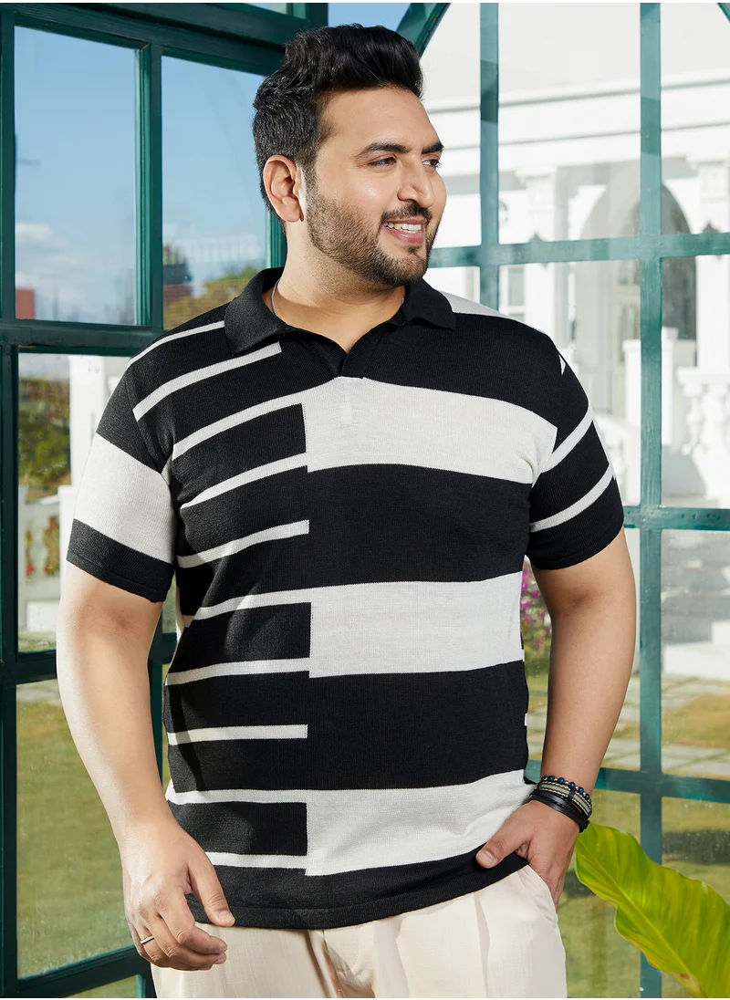 انستافاب بلس Instafab Plus Men's Black & White Contrast-Slab Polo T-Shirt For Casual Wear | Polo Neck | Short Regular Sleeves | Half-Button Closure | Plus Size T-Shirt Crafted With Comfort Fit For Everyday Wear