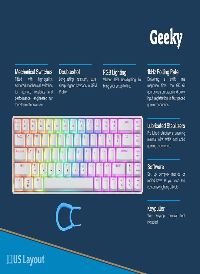 Geeky GK65 SE 65% | Mechanical Gaming Keyboard | 68 Keys Multi Color RGB LED Backlight for PC/Mac Gamer | ANSI US Format (White, Mechanical Brown) - Image 2