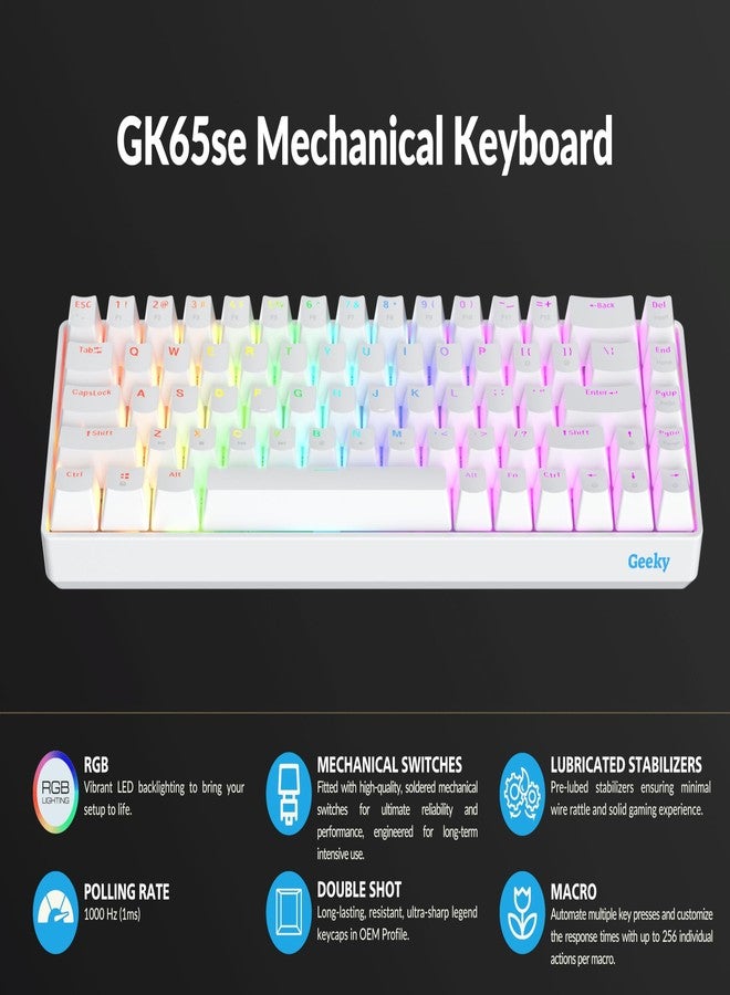Geeky GK65 SE 65% | Mechanical Gaming Keyboard | 68 Keys Multi Color RGB LED Backlight for PC/Mac Gamer | ANSI US Format (White, Mechanical Brown) - Image 4