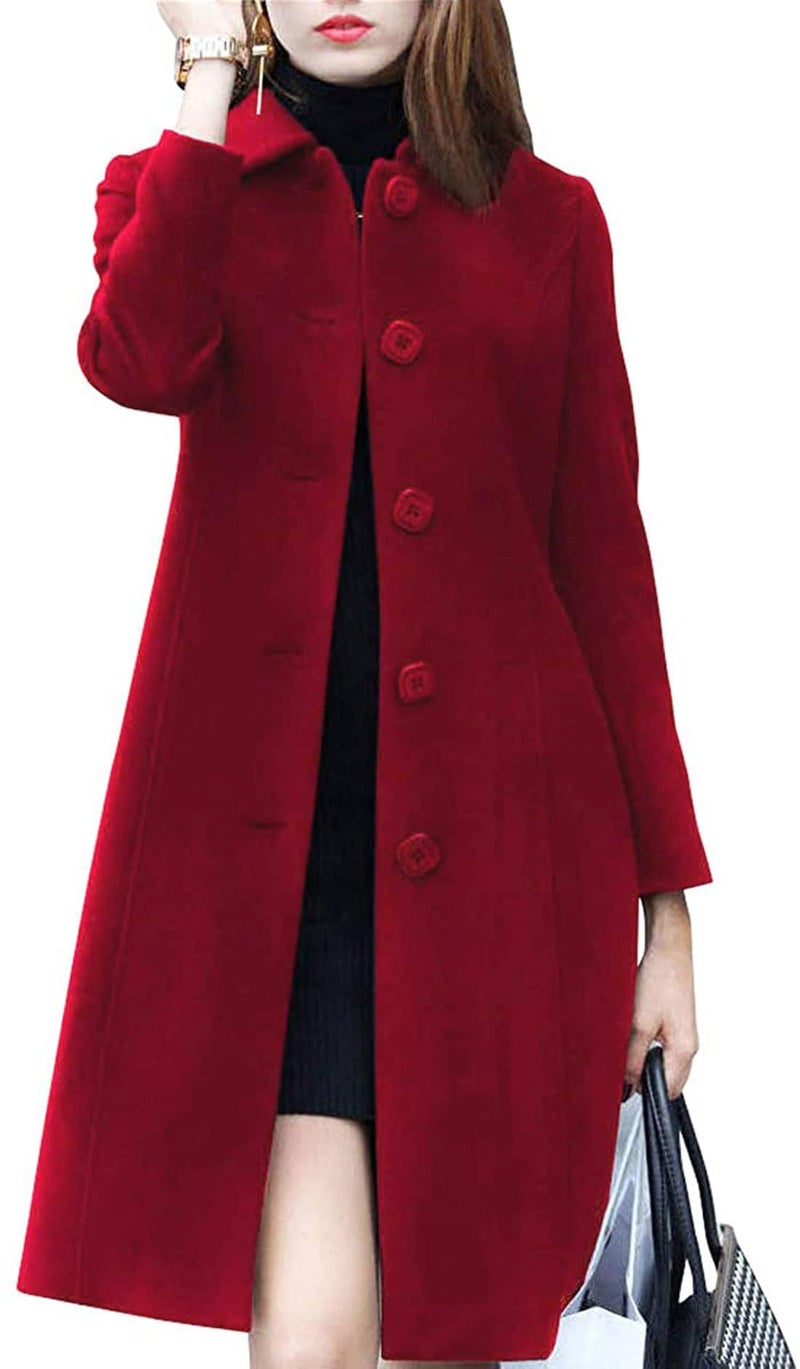 chouyatou Womens Fall Winter Elegant Single Breasted Long Wool Coat Overcoat Large Red