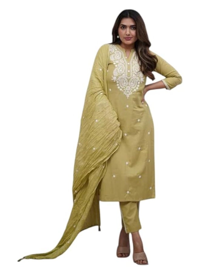 Yashika Women’s Green Chanderi Printed Kurta Set with Dupatta | Straight Fit Kurta | 3/4 Sleeve Ethnic Wear|M - Image 1