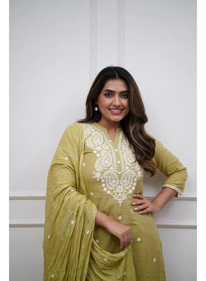 Yashika Women’s Green Chanderi Printed Kurta Set with Dupatta | Straight Fit Kurta | 3/4 Sleeve Ethnic Wear|M - Image 4