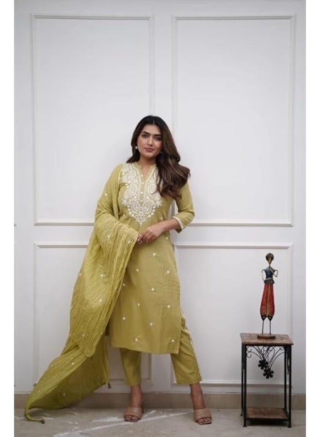 Yashika Women’s Green Chanderi Printed Kurta Set with Dupatta | Straight Fit Kurta | 3/4 Sleeve Ethnic Wear|M - Image 2