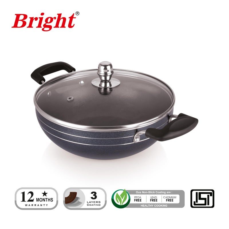 Bright مقلاة عميقة غير لاصقة من الألمنيوم BRIGHT مع غطاء زجاجي - 2.5 لتر، 24 سم | 5 طبقات طلاء | مقبض ناعم | مقاومة للبقع | قاعدة للطبخ بالحث - Image 3